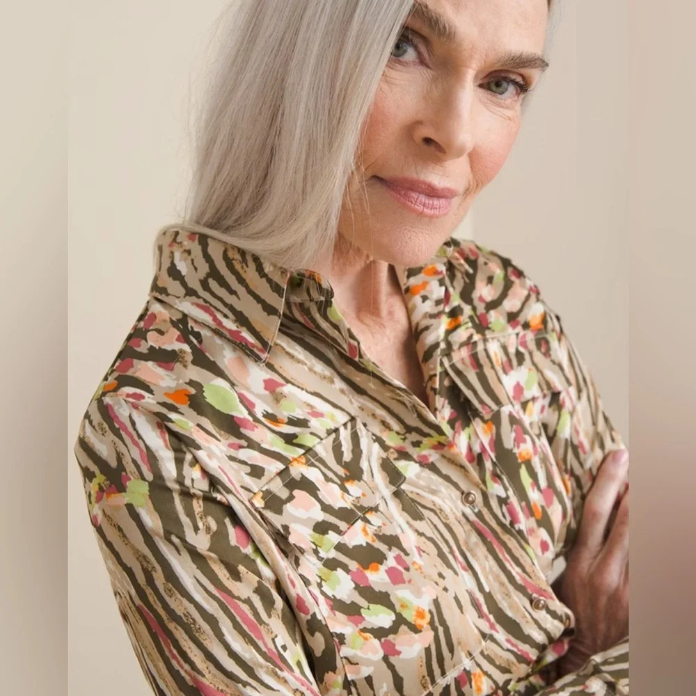 Chico's Maxi Shirt Dress Utility Satin Animal Print Silky - Picture 3 of 10